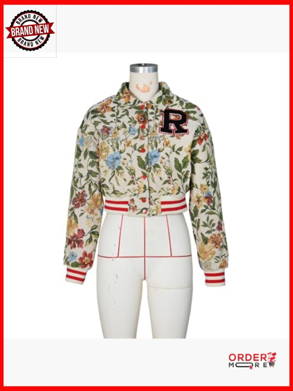Cropped Floral Print Bomber Jacket Casual Button Down Coat Outerwear - Picture 5 of 6